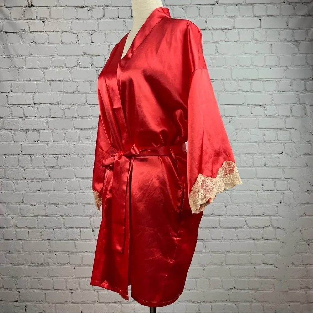 Fredricks of Hollywood Sexy Coral Satin Lace Trimmed Robe with Pockets & Belt